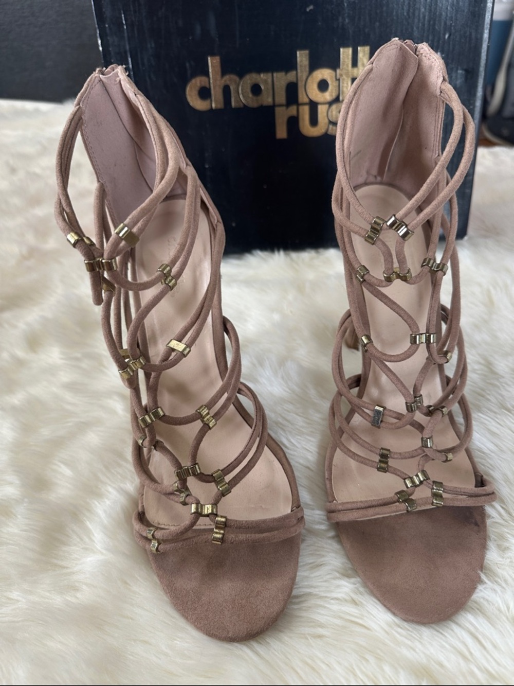 Charlotte Russe taupe suede elastic strappy ankle heel, size 10, Gently worn